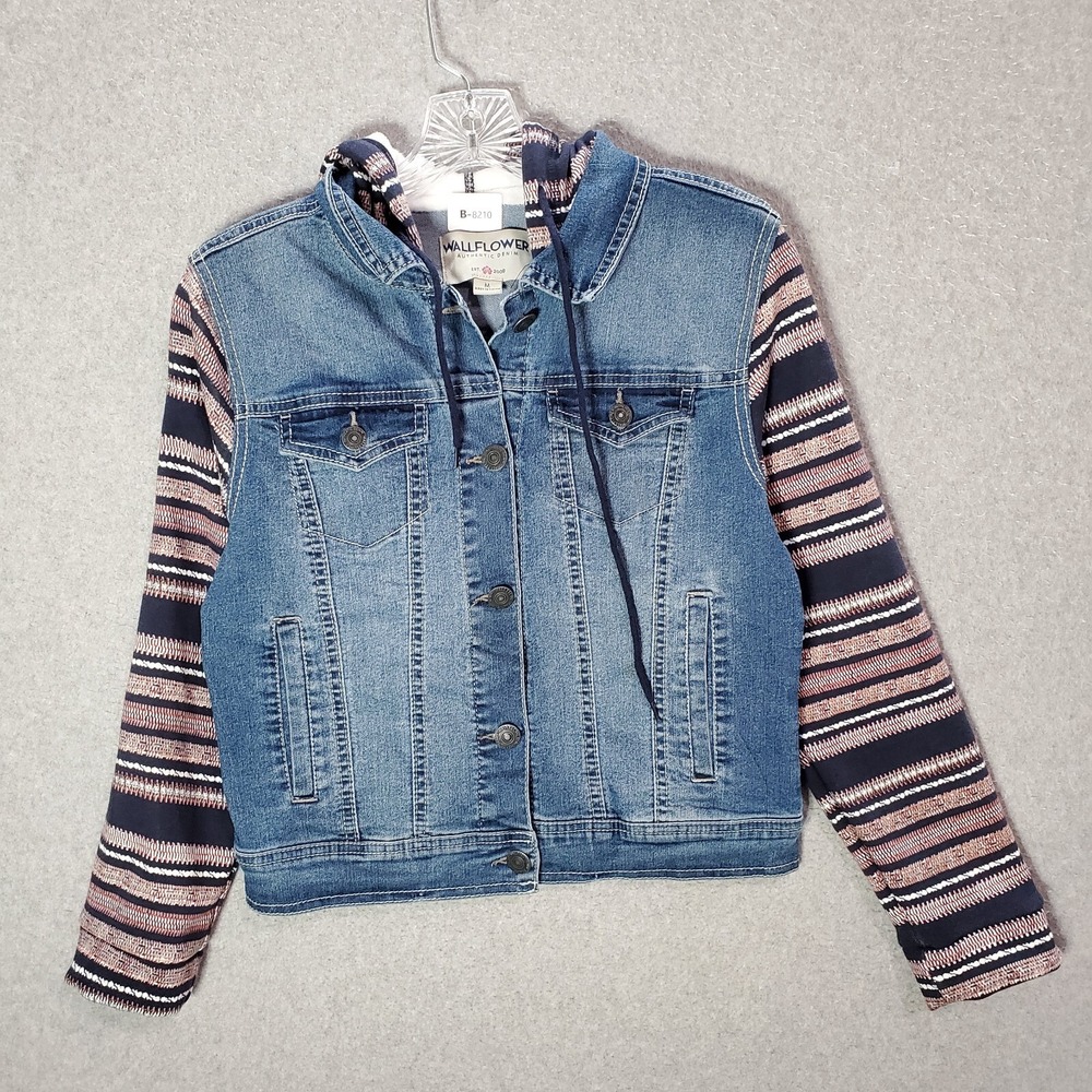 Wall Flower Girls Jacket‎ M Blue Trucker Denim Hooded Striped Long Sleeve NWT